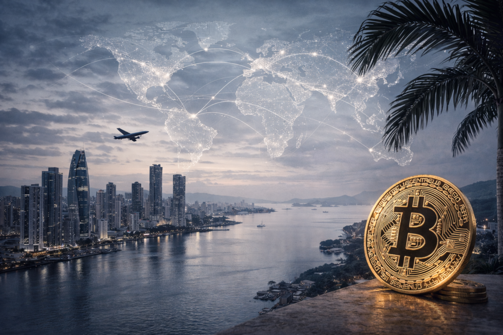Bitcoin investor relocation concept showing Panama City skyline symbolizing global mobility and international residency planning.
